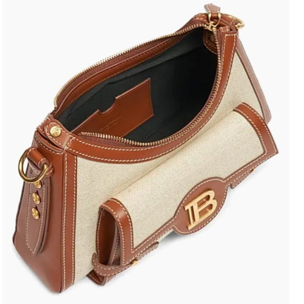 Balmain B-Buzz Canvas & Leather Shoulder Bag Natural / Camel - Picture 3 of 14